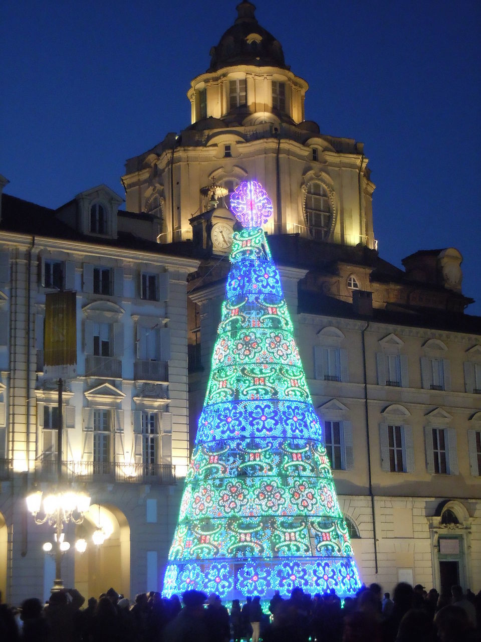 ILLUMINATED CHRISTMAS TREE BY BUILDING AT NIGHT