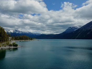 Scenic view of lake by mountains against sky