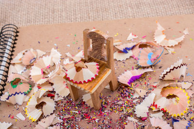 High angle view of pencil shavings