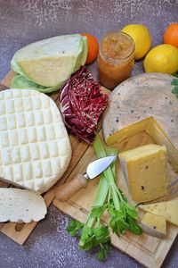 High angle view of fruits on cutting board