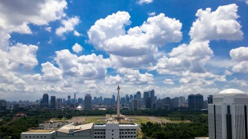 View of cityscape against cloudy sky