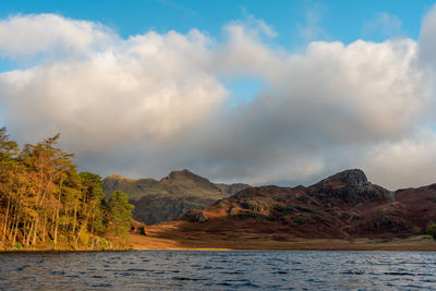 Scenic view of lake by mountains against sky