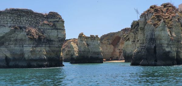 Panoramic view of sea and rock formations against sky