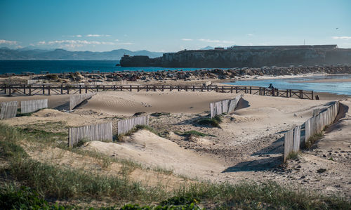 Scenic view of beach against clear sky