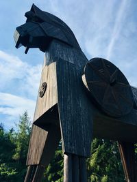 Low angle view of wooden post against sky