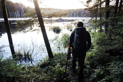 Rear view of man looking at forest