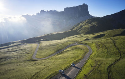 Italy, south tirol, aerial view of giau pass at sunrise