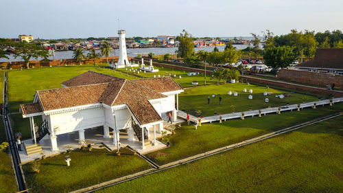 High angle view of buildings in city