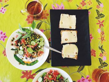 High angle view of breakfast served on table