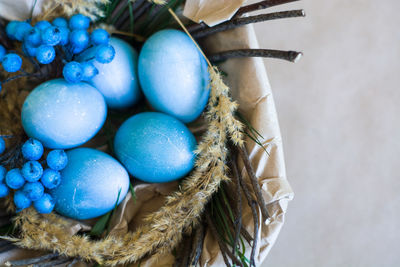 High angle view of eggs in container