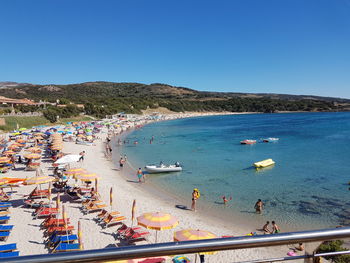 High angle view of beach against clear blue sky