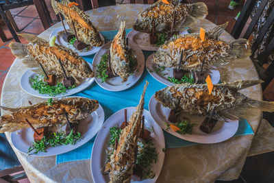 High angle view of food served on table