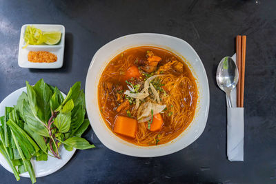 High angle view of food in bowl on table