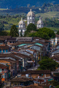 High angle view of buildings in city