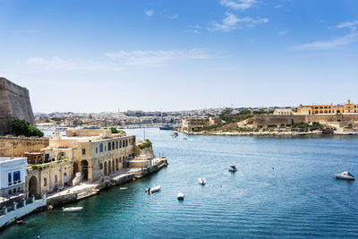 High angle view of sea amidst buildings against sky