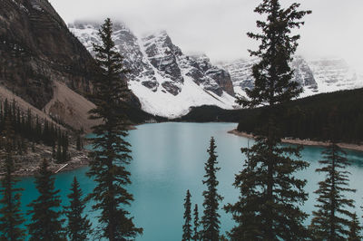 Scenic view of lake by snowcapped mountain against sky