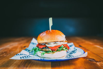 Close-up of burger on table