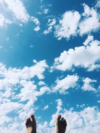 Low section of man against blue sky