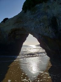 Scenic view of sea seen through cave