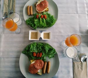 High angle view of breakfast served on table