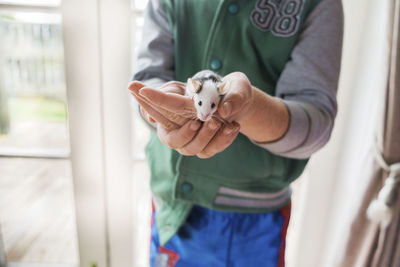 Young boy holding pet mouse in his hands