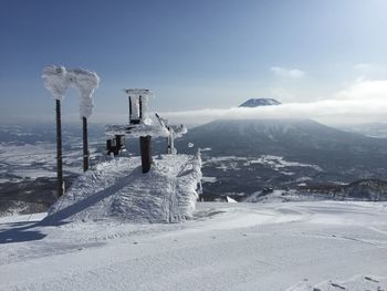 Scenic view of snow covered mountains against sky