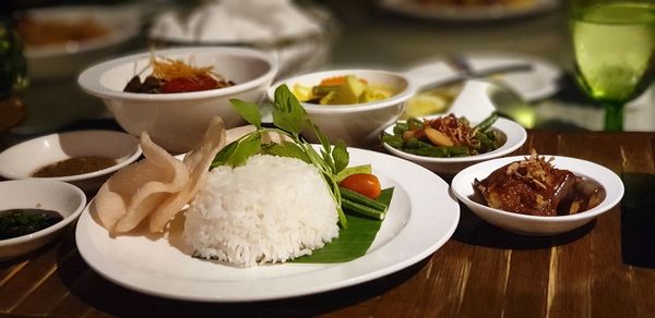Close-up of food served on table