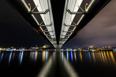 Illuminated bridge over river against sky at night