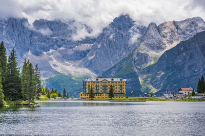 Scenic view of lake with mountain in background