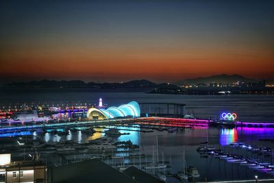 High angle view of illuminated city at night