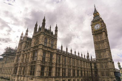 Low angle view of clock tower against sky