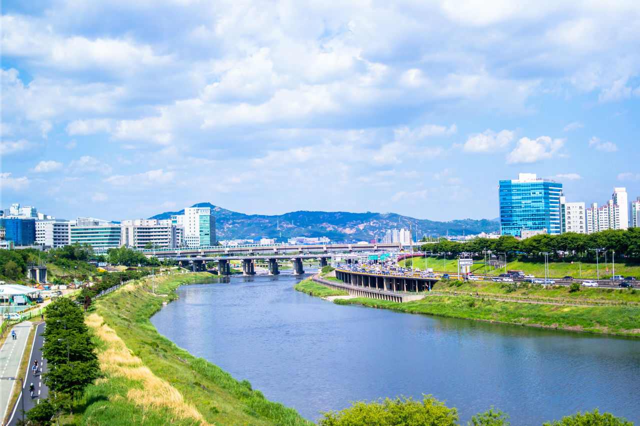 sky, water, cloud - sky, architecture, built structure, building exterior, tree, grass, cloud, green color, cloudy, river, plant, city, day, growth, nature, incidental people, high angle view, outdoors