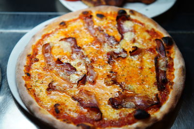 High angle view of pizza on table