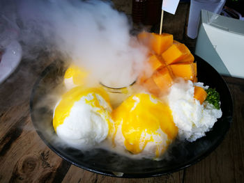 High angle view of breakfast on table