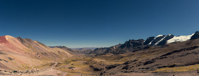 Scenic view of mountains against clear blue sky