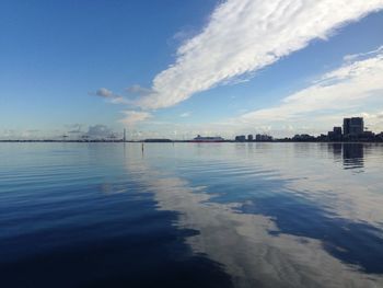 Scenic view of sea by buildings against sky