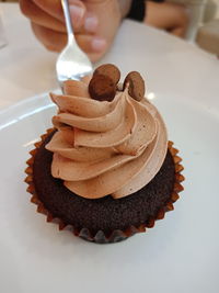 Close-up of hand holding chocolate cake