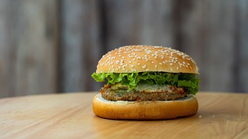 Close-up of burger on table