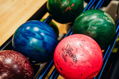 High angle view of colorful bowling balls