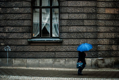 Person with umbrella walking on sidewalk against building