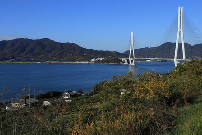 Scenic view of bay against clear blue sky