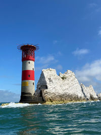 Lighthouse on rock by sea against blue sky