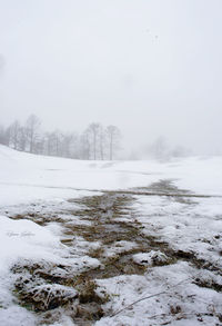 Snow covered field against sky