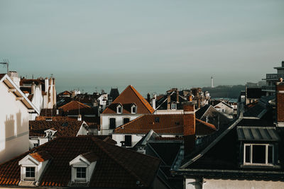 High angle view of buildings against sky