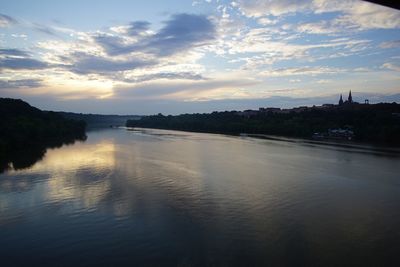 Scenic view of river against sky at sunset