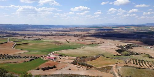 Aerial view of agricultural landscape against sky