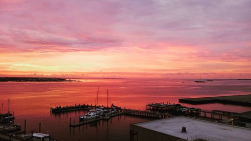 High angle view of sea against sky during sunset