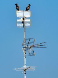 Low angle view of crane against clear blue sky