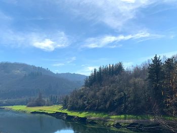 Scenic view of lake by trees against sky