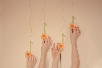 Low section of woman with flowers against white background